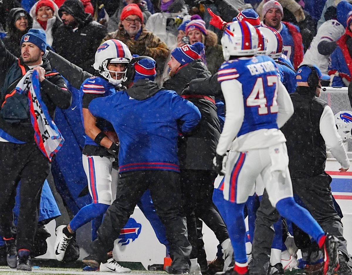 Buffalo Bills safety Taylor Rapp intercepts a pass during first half action at the Buffalo Bills divisional game against the Baltimore Ravens at Highmark Stadium in Orchard Park on Jan. 19, 2025.