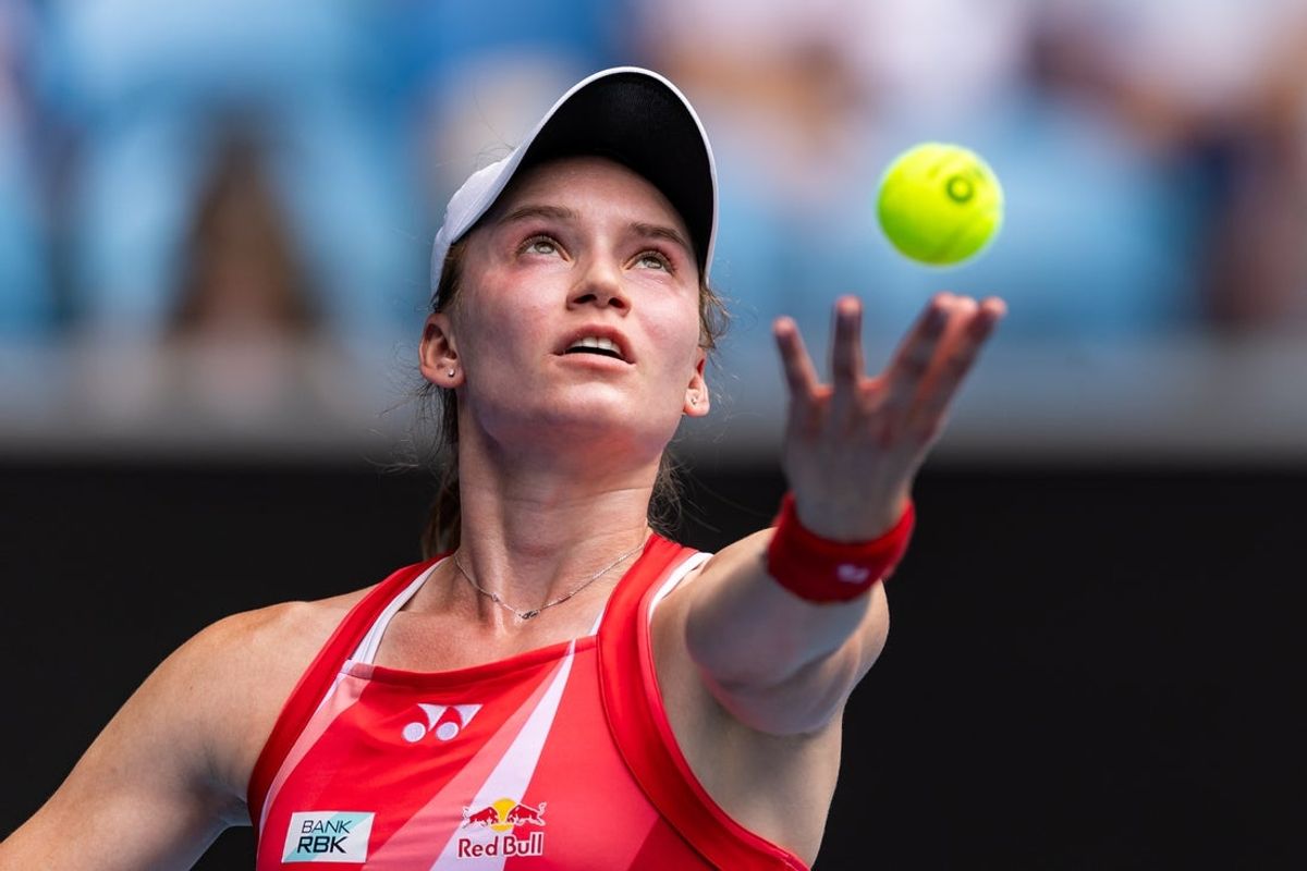 Jan 20, 2025; Melbourne, Victoria, Australia; Elena Rybakina of Kazakhstan serves during her match against Madison Keys of United States of America in the fourth round of the women's singles at the 2025 Australian Open at Melbourne Park. Mandatory Credit: Mike Frey-Imagn Images