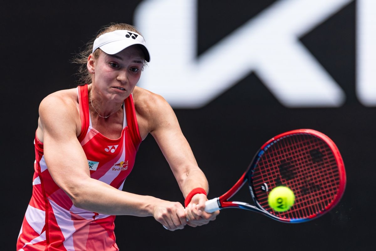 Jan 20, 2025; Melbourne, Victoria, Australia; Elena Rybakina of Kazakhstan plays a backhand during her match against Madison Keys of United States of America in the fourth round of the women's singles at the 2025 Australian Open at Melbourne Park. Mandatory Credit: Mike Frey-Imagn Images