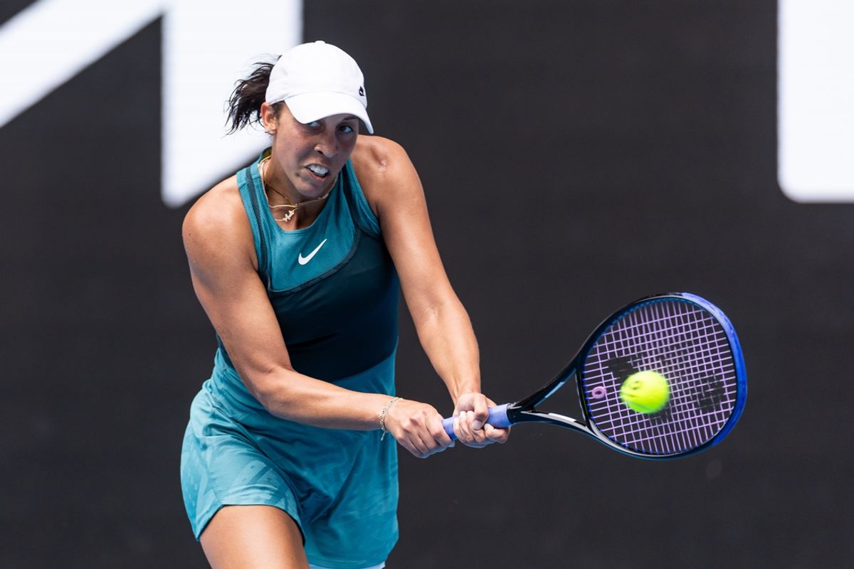 Jan 20, 2025; Melbourne, Victoria, Australia; Madison Keys of United States of America hits a backhand during her match against Elena Rybakina of Kazakhstan in the fourth round of the women's singles at the 2025 Australian Open at Melbourne Park. Mandatory Credit: Mike Frey-Imagn Images