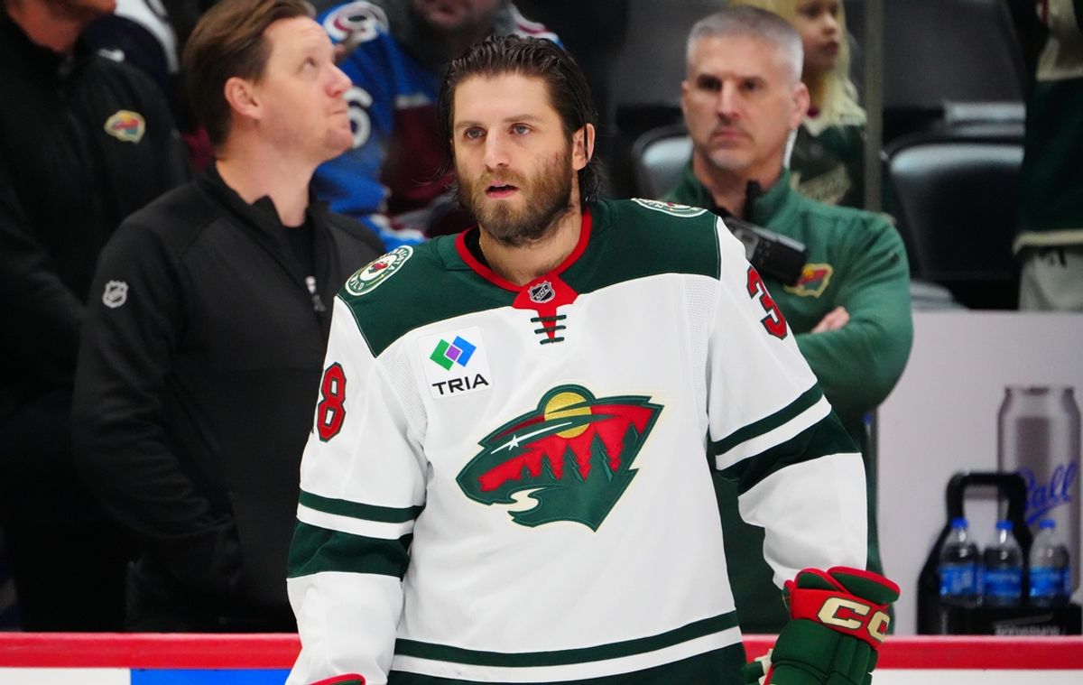 Jan 20, 2025; Denver, Colorado, USA; Minnesota Wild right wing Ryan Hartman (38) before the game against the Colorado Avalanche at Ball Arena. Mandatory Credit: Ron Chenoy-Imagn Images