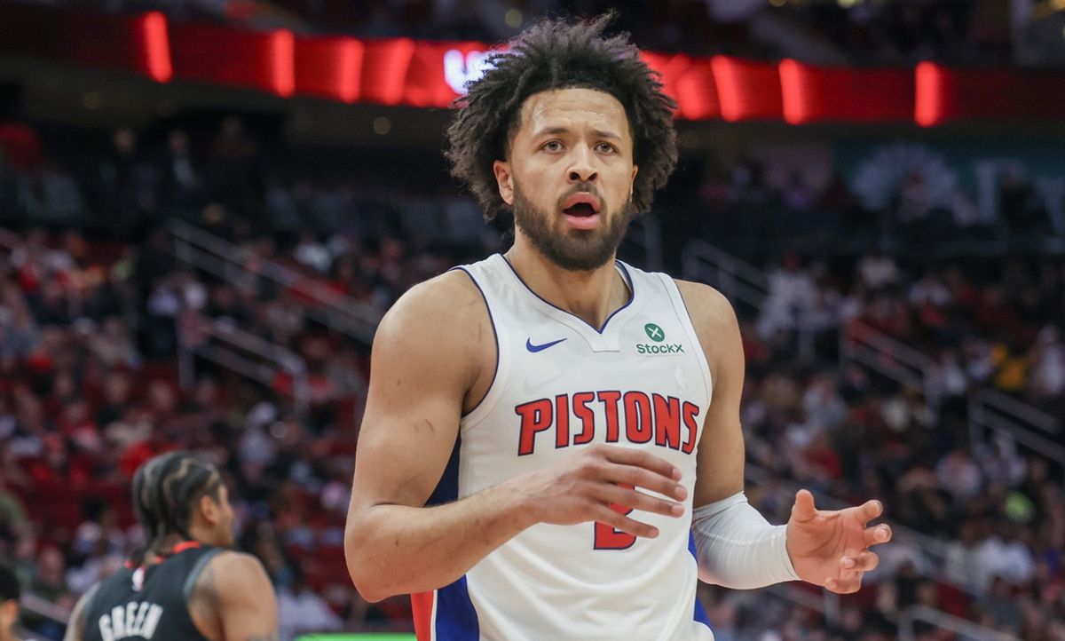 Jan 20, 2025; Houston, Texas, USA; Detroit Pistons guard Cade Cunningham (2) reacts to a call while playing against the Houston Rockets  in the second quarter at Toyota Center. Mandatory Credit: Thomas Shea-Imagn Images