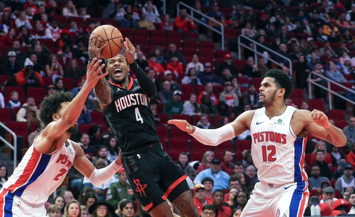 Jan 20, 2025; Houston, Texas, USA;  Houston Rockets guard Jalen Green (4) is fouled by Detroit Pistons guard Cade Cunningham (2) in the second quarter at Toyota Center. Mandatory Credit: Thomas Shea-Imagn Images