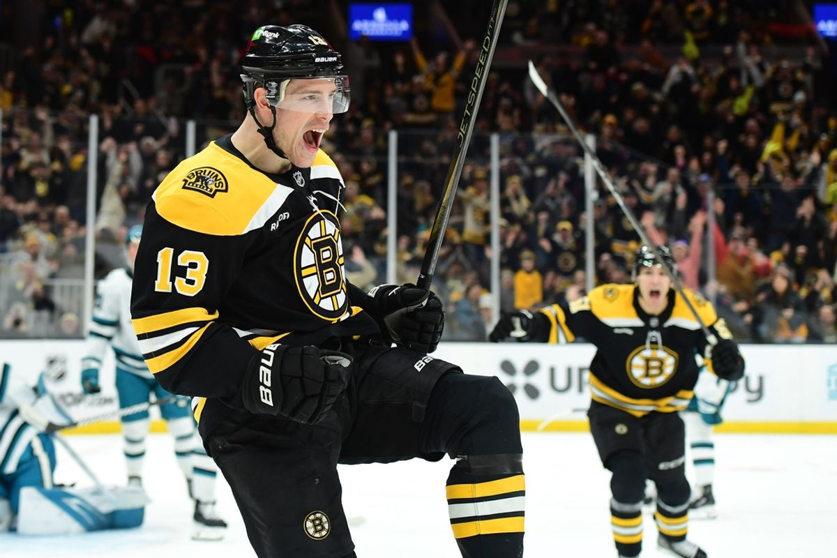 Jan 20, 2025; Boston, Massachusetts, USA; Boston Bruins center Charlie Coyle (13) reacts after scoring his second goal of the game during the third period against the San Jose Sharks at TD Garden. Mandatory Credit: Bob DeChiara-Imagn Images
