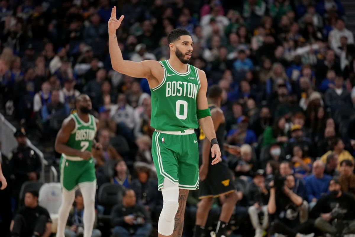 Jan 20, 2025; San Francisco, California, USA; Boston Celtics forward Jayson Tatum (0) reacts after the Celtics made a three point basket against the Golden State Warriors in the third quarter at the Chase Center. Mandatory Credit: Cary Edmondson-Imagn Images
