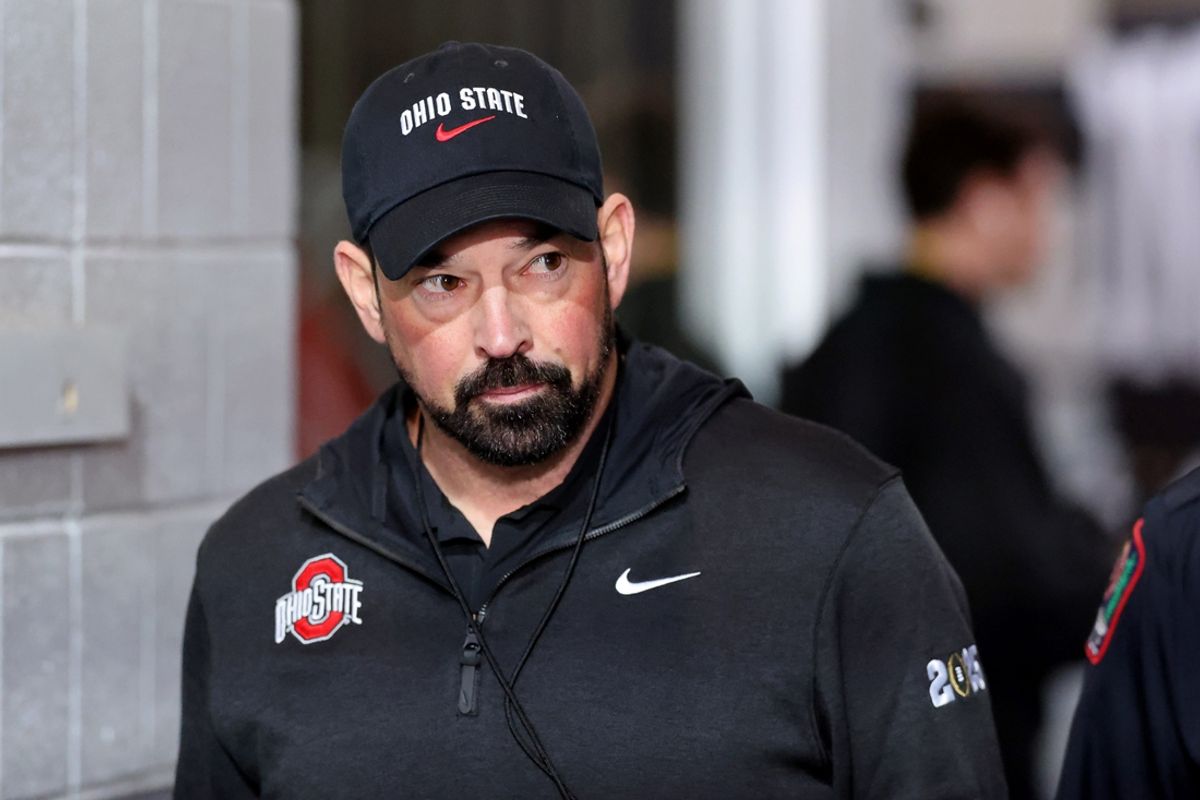 Jan 20, 2025; Atlanta, GA, USA; Ohio State Buckeyes head coach Ryan Day before the CFP National Championship college football game at Mercedes-Benz Stadium. Mandatory Credit: Mark J. Rebilas-Imagn Images
