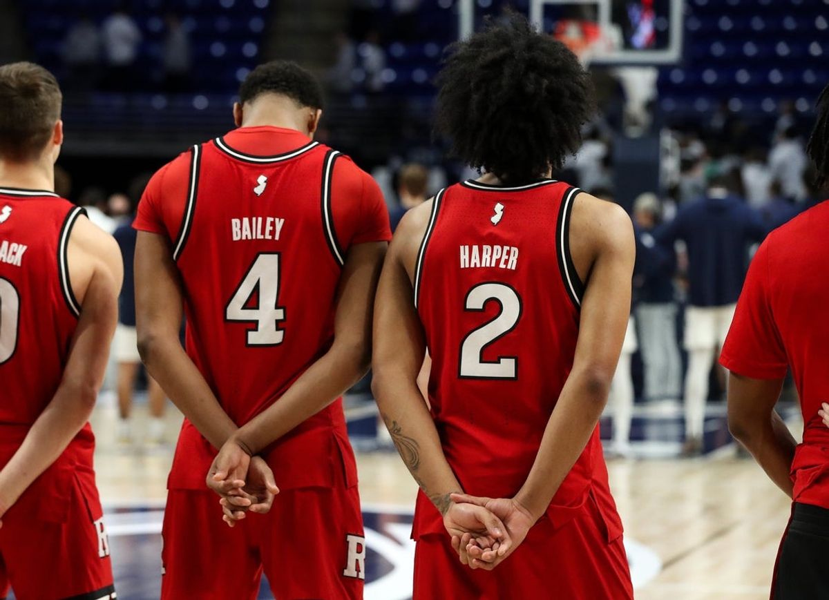 Rutgers Scarlet Knights guard Dylan Harper (2) and guard/forward Ace Bailey (4) stand on the court prior to the game against the Penn State Nittany Lions at Bryce Jordan Center. Mandatory Credit: Matthew O'Haren-Imagn Images