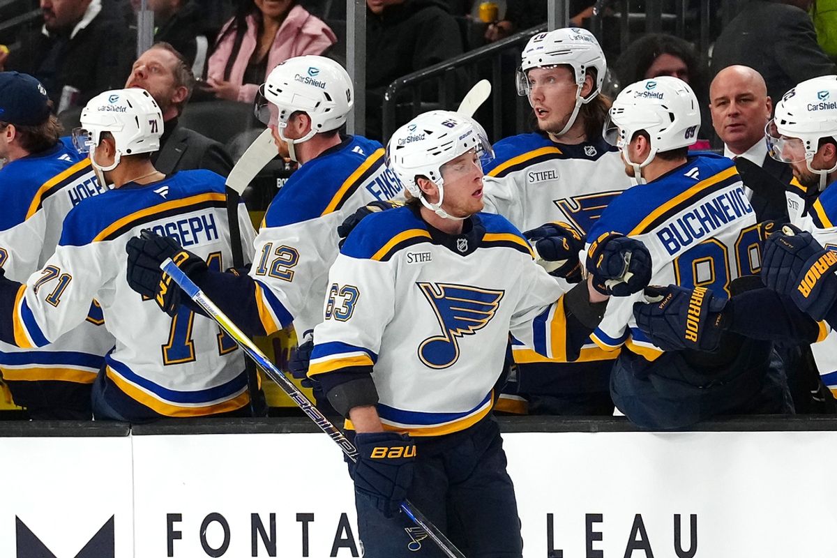 Jan 20, 2025; Las Vegas, Nevada, USA; St. Louis Blues left wing Jake Neighbours (63) celebrates after scoring a goal against the Vegas Golden Knights during the second period at T-Mobile Arena. Mandatory Credit: Stephen R. Sylvanie-Imagn Images