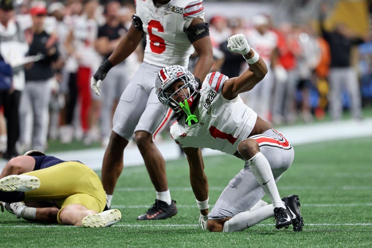 Jan 20, 2025; Atlanta, GA, USA; Ohio State Buckeyes cornerback Davison Igbinosun (1) reacts after a play against the Notre Dame Fighting Irish during the first half the CFP National Championship college football game at Mercedes-Benz Stadium. Mandatory Credit: Brett Davis-Imagn Images