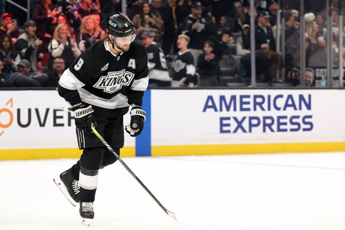 Jan 20, 2025; Los Angeles, California, USA;  Los Angeles Kings right wing Adrian Kempe (9) skates back to the bench after scoring a goal during the second period against the Pittsburgh Penguins at Crypto.com Arena. Mandatory Credit: Kiyoshi Mio-Imagn Images