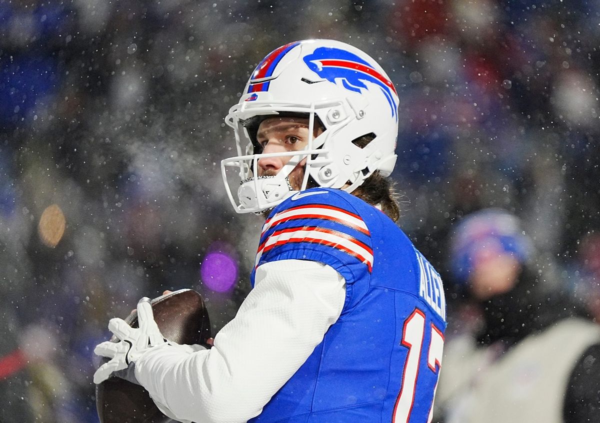 Buffalo Bills quarterback Josh Allen throws a pass, warming up before the Buffalo Bills divisional game against the Baltimore Ravens at Highmark Stadium in Orchard Park on Jan. 19, 2025.