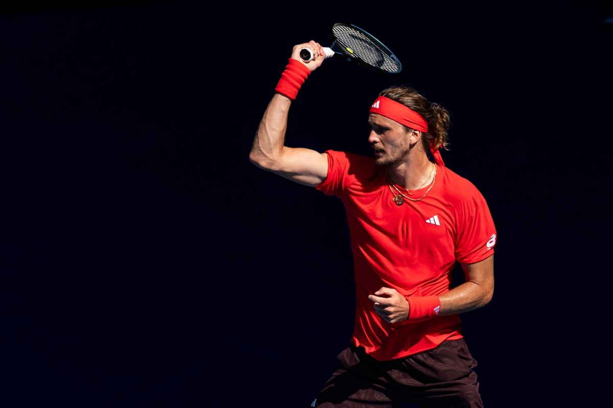 Jan 21, 2025; Melbourne, Victoria, Australia; Alexander Zverev of Germany in action during his match against Tommy Paul of United States of America in the quarterfinals of the men's singles at the 2025 Australian Open at Melbourne Park. Mandatory Credit: Mike Frey-Imagn Images