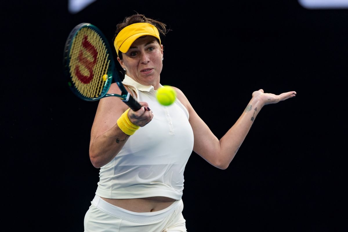 Jan 21, 2025; Melbourne, Victoria, Australia; Anastasia Pavlyuchenkova hits a forehand during her match against Aryna Sabalenka in the quarterfinals of the women's singles at the 2025 Australian Open at Melbourne Park. Mandatory Credit: Mike Frey-Imagn Images