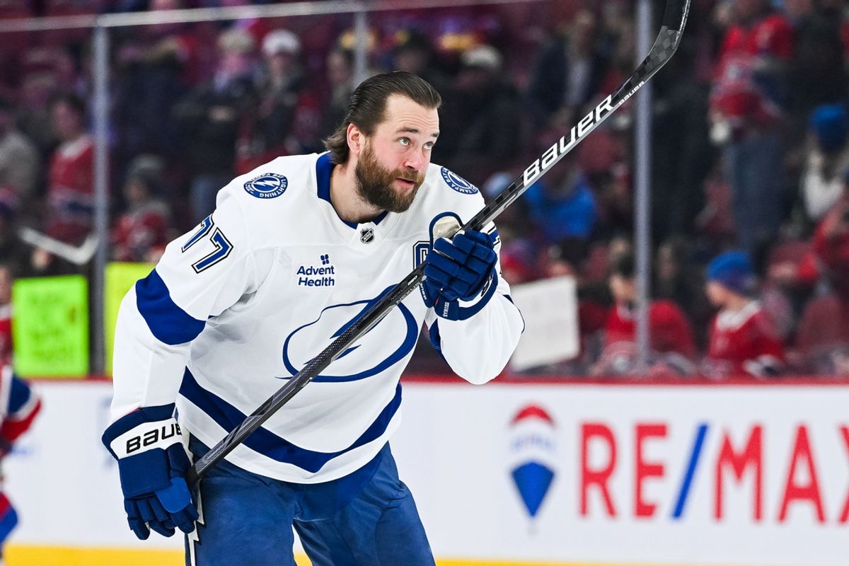Jan 21, 2025; Montreal, Quebec, CAN; Tampa Bay Lightning defenseman Victor Hedman (77) during warm-ups before a game against the Montreal Canadiens at Bell Centre. Mandatory Credit: David Kirouac-Imagn Images