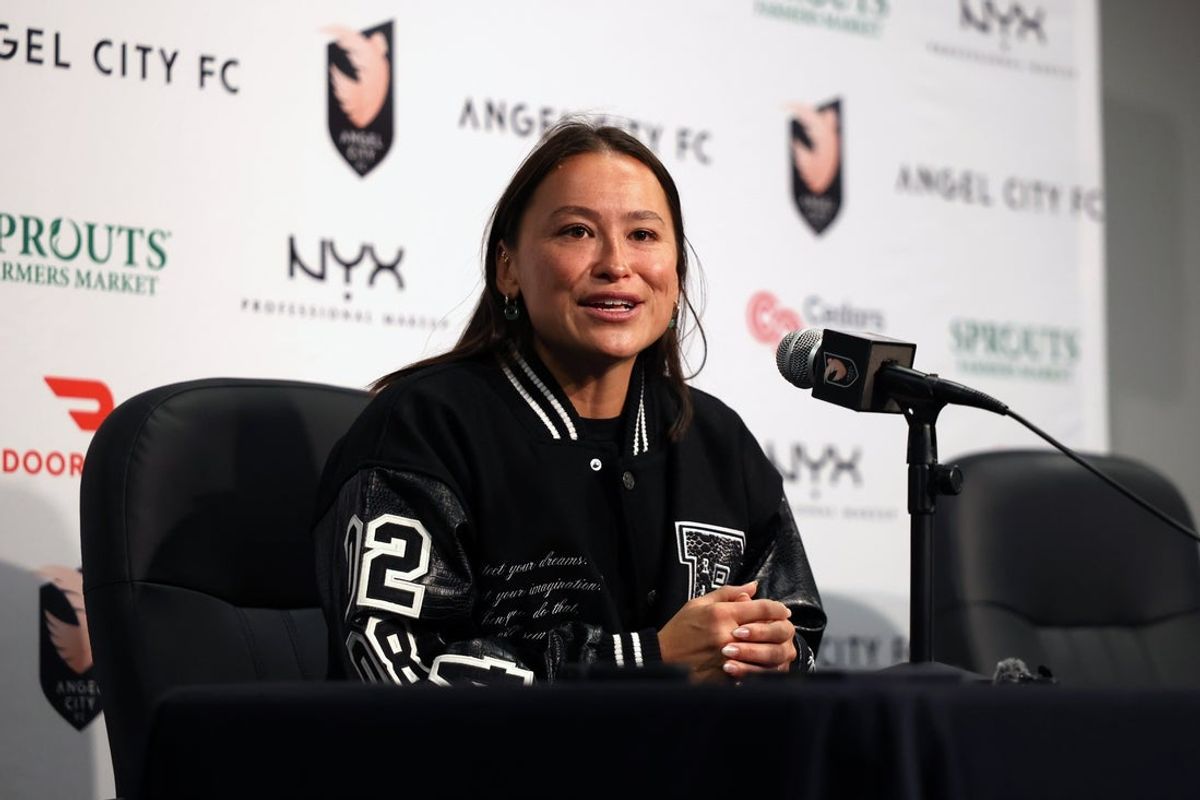 Jan 21, 2025; Thousand Oaks, California, USA;  Angel City FC team captain Ali Riley speaks after a ribbon cutting ceremony for the Angel City FC Performance Center. Mandatory Credit: Kiyoshi Mio-Imagn Images