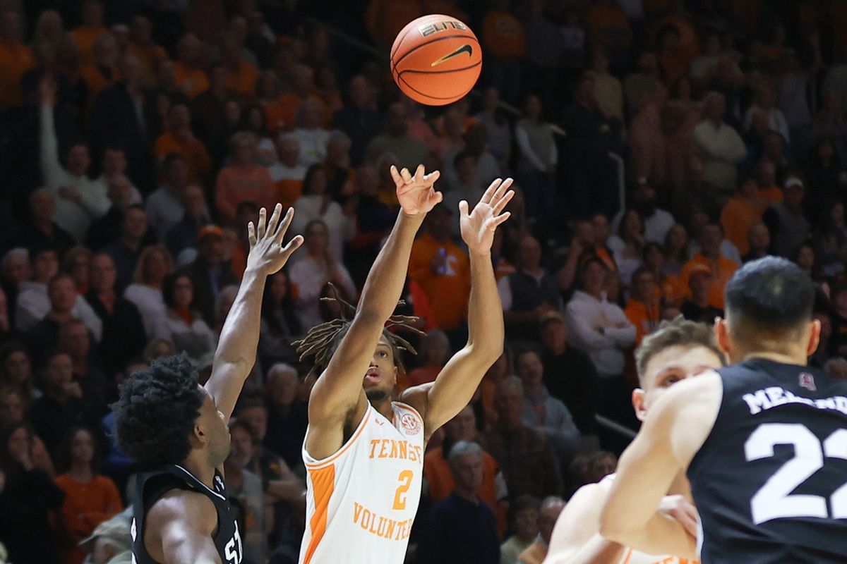 Jan 21, 2025; Knoxville, Tennessee, USA; Tennessee Volunteers guard Chaz Lanier (2) shoots a three-point basket against the Mississippi State Bulldogs during the first half at Thompson-Boling Arena at Food City Center. Mandatory Credit: Randy Sartin-Imagn Images