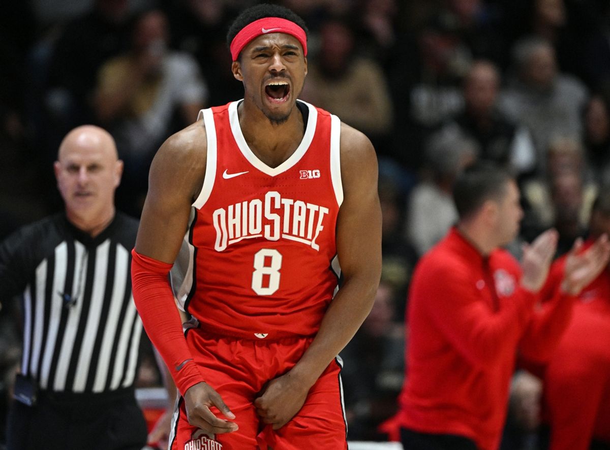 Jan 21, 2025; West Lafayette, Indiana, USA; Ohio State Buckeyes guard Micah Parrish (8) celebrates a three point shot during the second half against the Purdue Boilermakers at Mackey Arena. Mandatory Credit: Marc Lebryk-Imagn Images