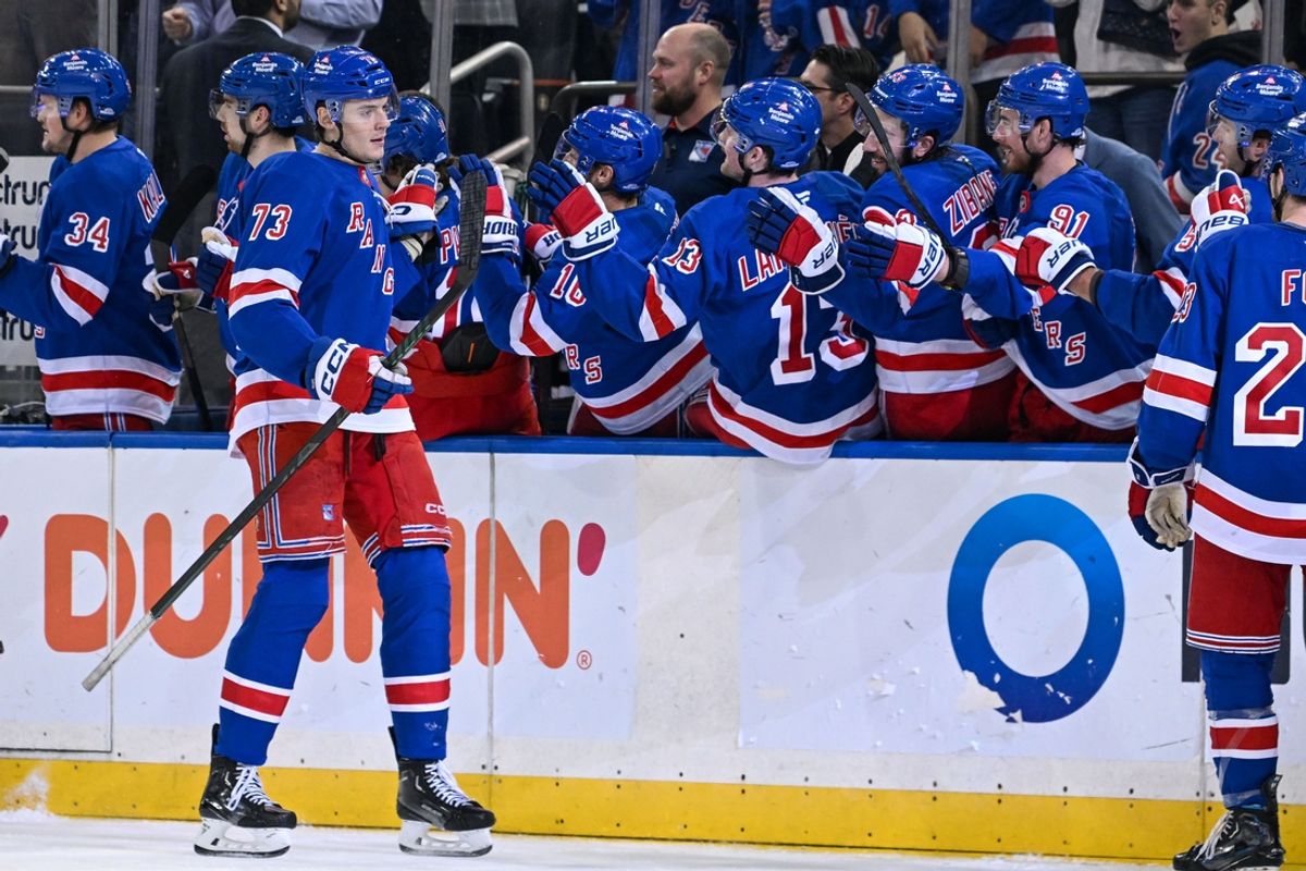 Jan 21, 2025; New York, New York, USA;  New York Rangers center Matt Rempe (73) celebrates his goal against the Ottawa Senators during the third period at Madison Square Garden. Mandatory Credit: Dennis Schneidler-Imagn Images