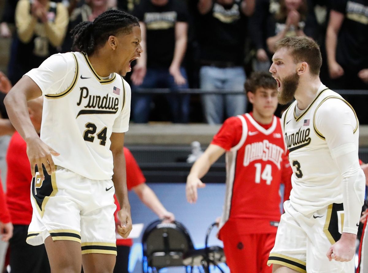 Purdue Boilermakers guard Gicarri Harris (24) celebrates with Purdue Boilermakers guard Braden Smith (3) Tuesday, Jan. 21, 2025, during the NCAA men’s basketball game against the Ohio State Buckeyes at Mackey Arena in West Lafayette, Ind. Ohio State Buckeyes won 73-70.