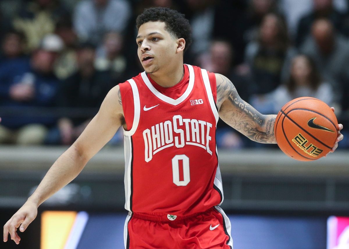 Ohio State Buckeyes guard John Mobley Jr. (0) drives to the basket Tuesday, Jan. 21, 2025, during the NCAA men’s basketball game against the Purdue Boilermakers at Mackey Arena in West Lafayette, Ind.