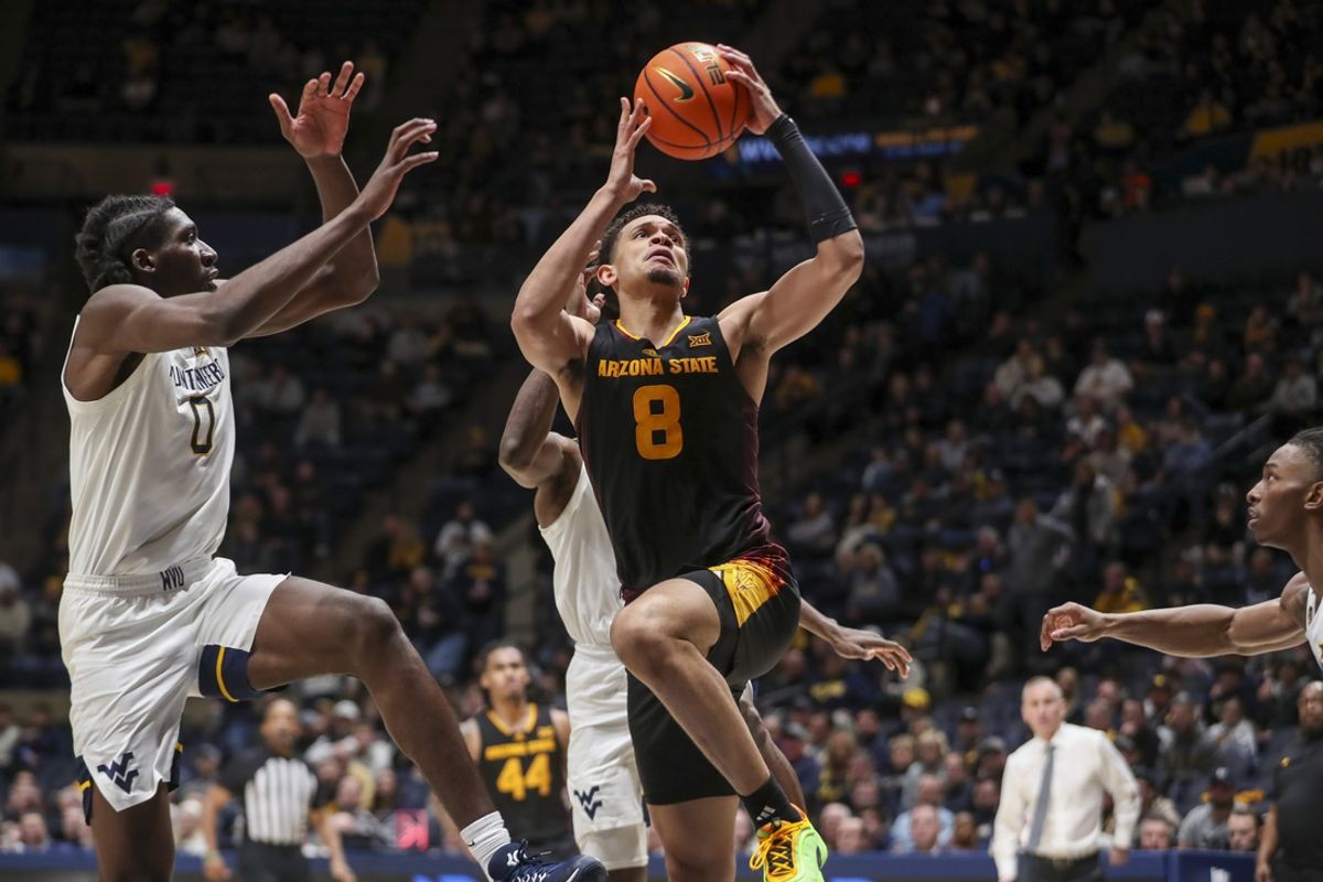 Jan 21, 2025; Morgantown, West Virginia, USA; Arizona State Sun Devils forward Basheer Jihad (8) shoots during the second half against the West Virginia Mountaineers at WVU Coliseum. Mandatory Credit: Ben Queen-Imagn Images