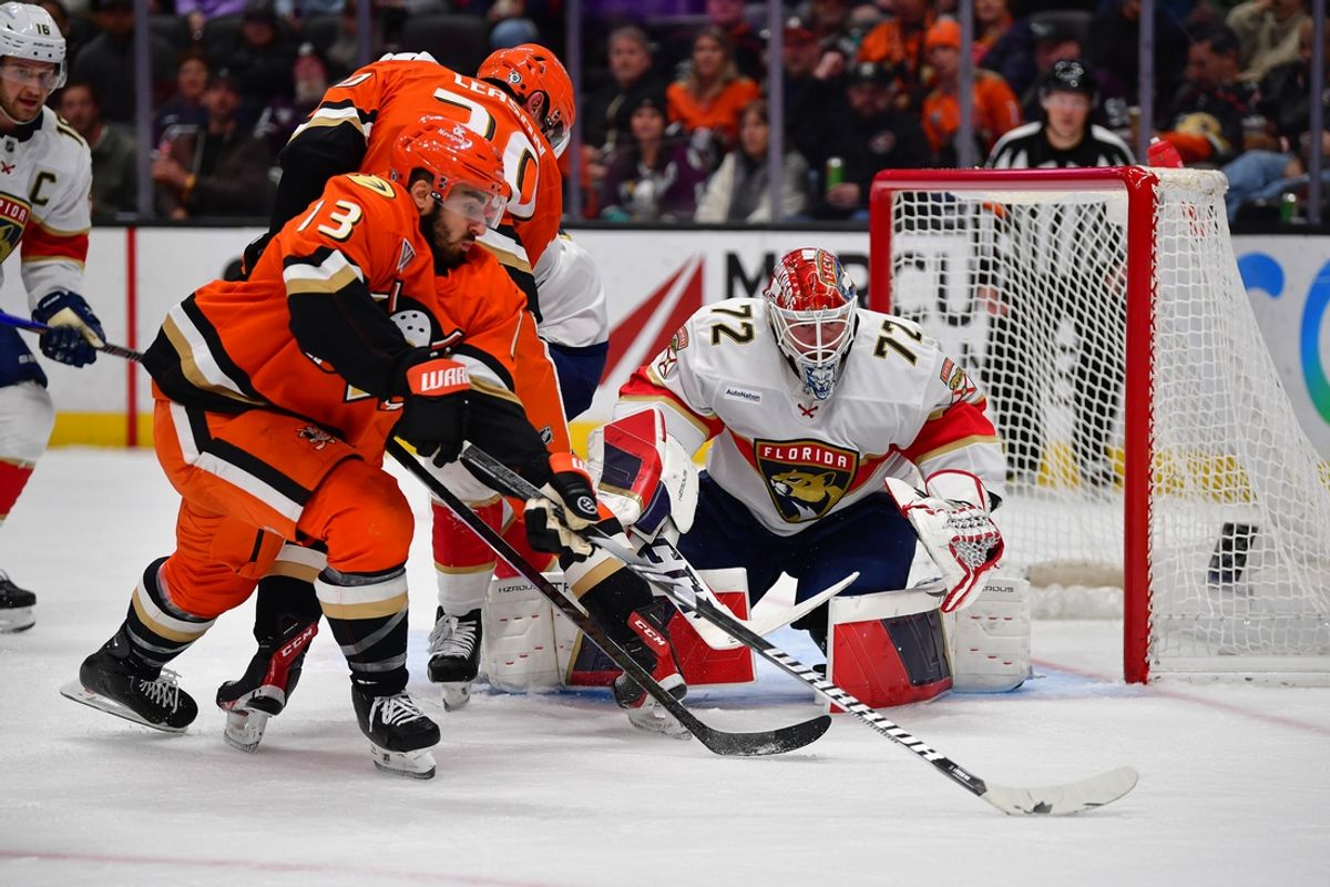 Jan 21, 2025; Anaheim, California, USA; Anaheim Ducks center Robby Fabbri (13) moves in for a shot against Florida Panthers goaltender Sergei Bobrovsky (72) during the second period at Honda Center. Mandatory Credit: Gary A. Vasquez-Imagn Images