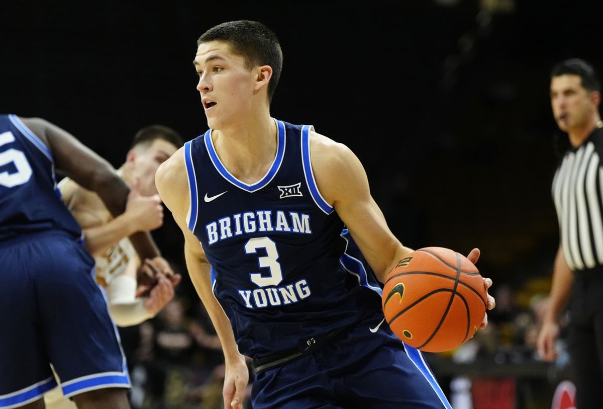 Jan 21, 2025; Boulder, Colorado, USA; Brigham Young Cougars guard Egor Demin (3) drives to the basket in the first half against the Colorado Buffaloes at CU Events Center. Mandatory Credit: Ron Chenoy-Imagn Images