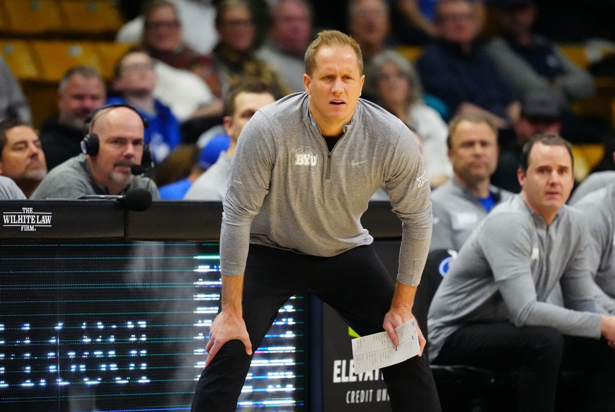 Jan 21, 2025; Boulder, Colorado, USA; Brigham Young Cougars head coach Kevin Young during the first half against the Colorado Buffaloes at CU Events Center. Mandatory Credit: Ron Chenoy-Imagn Images