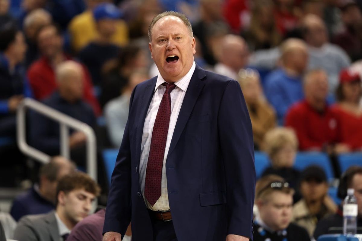 Jan 21, 2025; Los Angeles, California, USA;  Wisconsin Badgers head coach Greg Gard reacts to a play during the first half against the Wisconsin Badgers at Pauley Pavilion presented by Wescom. Mandatory Credit: Kiyoshi Mio-Imagn Images