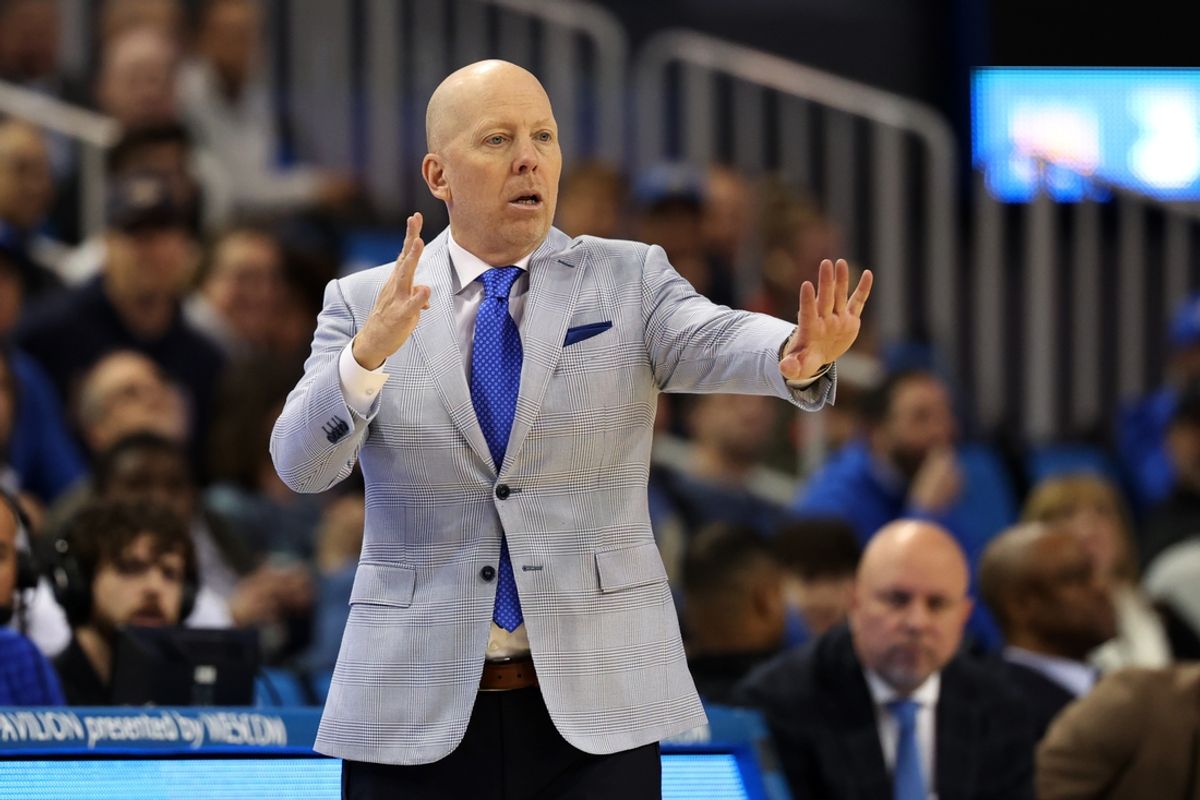 Jan 21, 2025; Los Angeles, California, USA;  UCLA Bruins head coach Mick Cronin reacts to a play during the first half against the Wisconsin Badgers at Pauley Pavilion presented by Wescom. Mandatory Credit: Kiyoshi Mio-Imagn Images