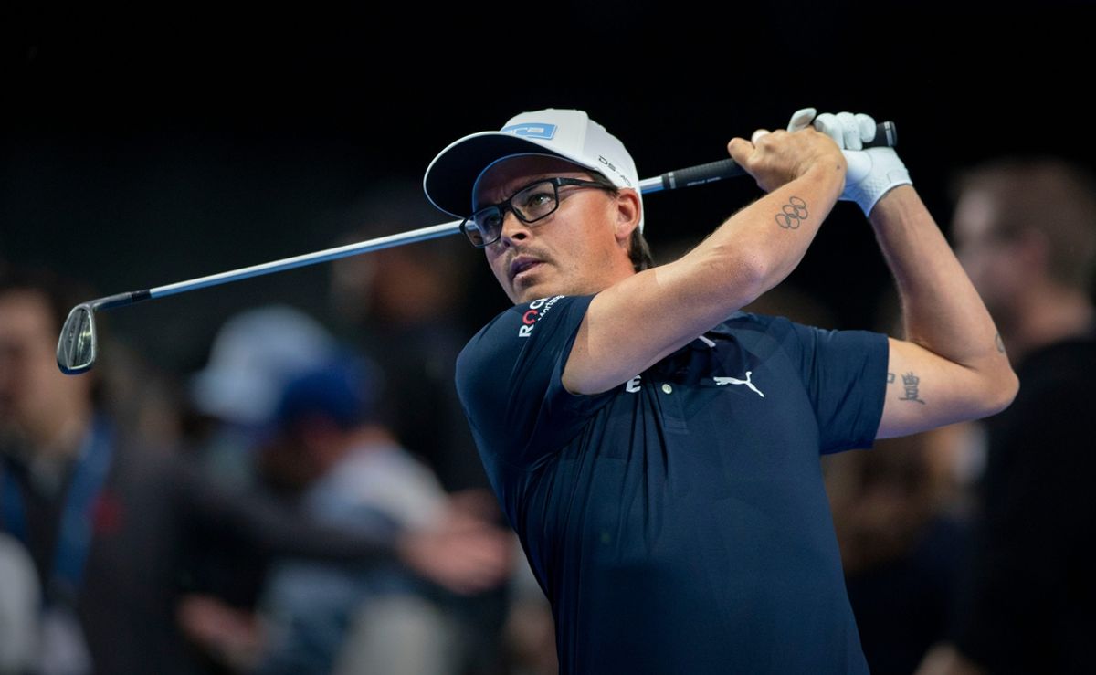 Rickie Fowler of the New York Golf Club tees off during a TGL match against Atlanta Drive GC at SoFi Center on January 21, 2025, in Palm Beach Gardens, Florida.