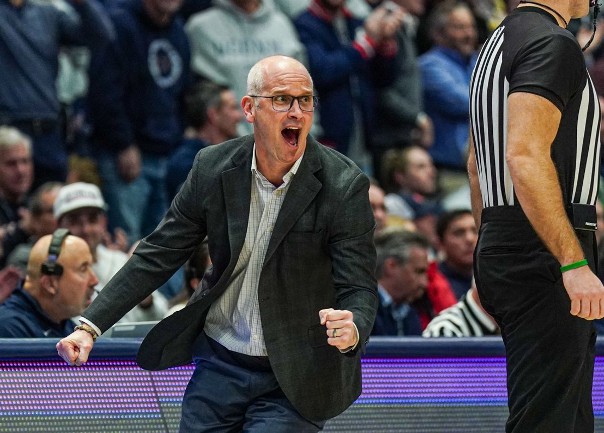 Jan 21, 2025; Storrs, Connecticut, USA; UConn Huskies head coach Dan Hurley watches from the sideline as they take on the Butler Bulldogs at Harry A. Gampel Pavilion. Mandatory Credit: David Butler II-Imagn Images