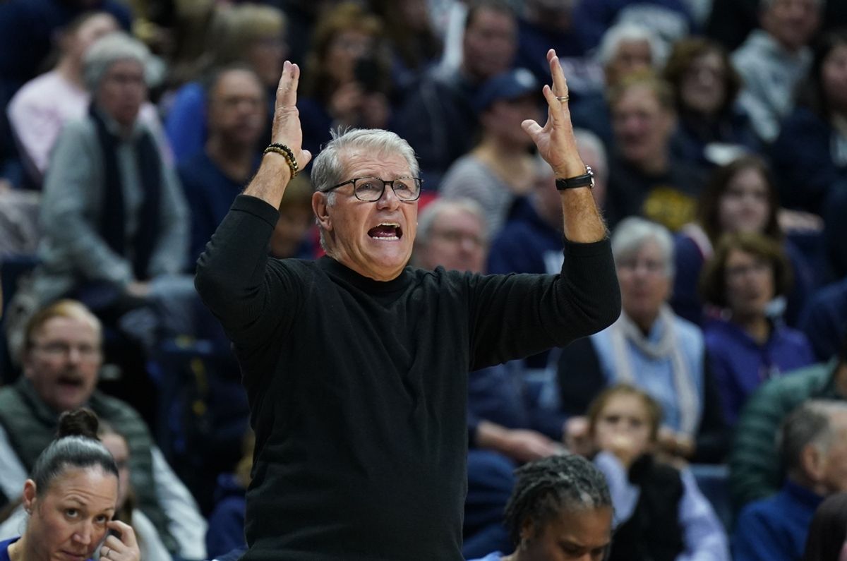 Jan 22, 2025; Storrs, Connecticut, USA; UConn Huskies head coach Geno Auriemma watches from the sideline as they take on the Villanova Wildcats at Harry A. Gampel Pavilion. Mandatory Credit: David Butler II-Imagn Images