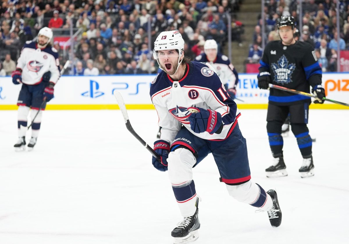 Jan 22, 2025; Toronto, Ontario, CAN; Columbus Blue Jackets center Adam Fantilli (19) celebrates scoring a goal against the Toronto Maple Leafs during the second period at Scotiabank Arena. Mandatory Credit: Nick Turchiaro-Imagn Images