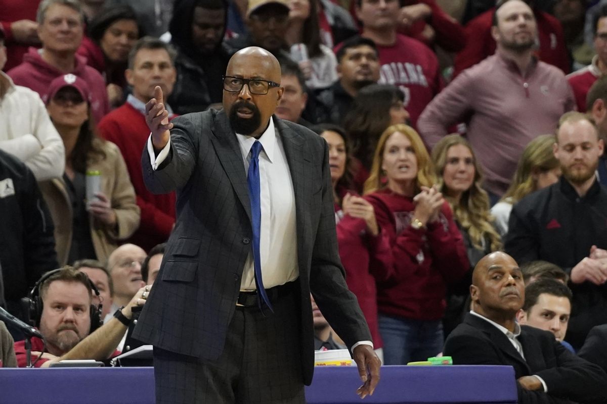 Jan 22, 2025; Evanston, Illinois, USA; Indiana Hoosiers head coach Mike Woodson gestures to his team against the Northwestern Wildcats during the second half at Welsh-Ryan Arena. Mandatory Credit: David Banks-Imagn Images