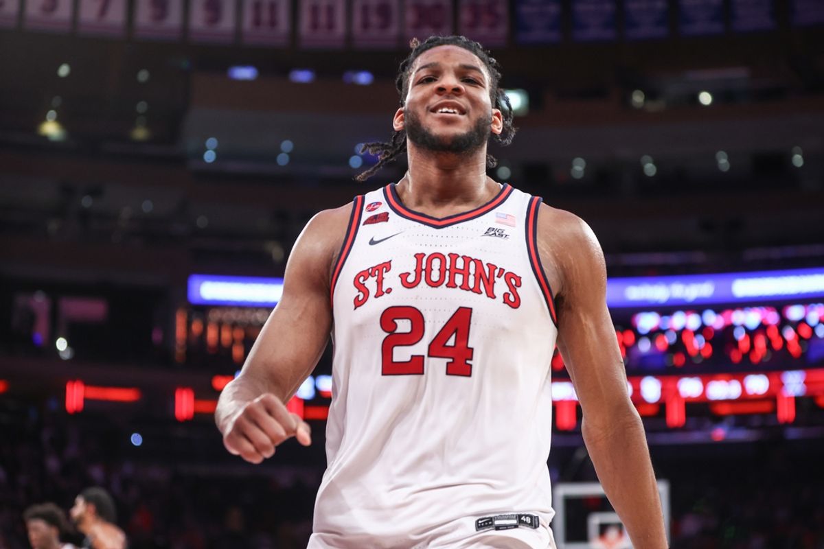 Jan 22, 2025; New York, New York, USA;  St. John's Red Storm forward Zuby Ejiofor (24) celebrates in overtime against the Xavier Musketeers at Madison Square Garden. Mandatory Credit: Wendell Cruz-Imagn Images