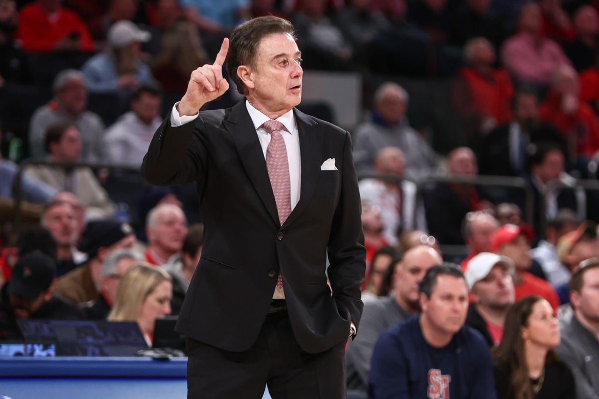 Jan 22, 2025; New York, New York, USA;  St. John's Red Storm head coach Rick Pitino signals to the team in the second half against the Xavier Musketeers at Madison Square Garden. Mandatory Credit: Wendell Cruz-Imagn Images