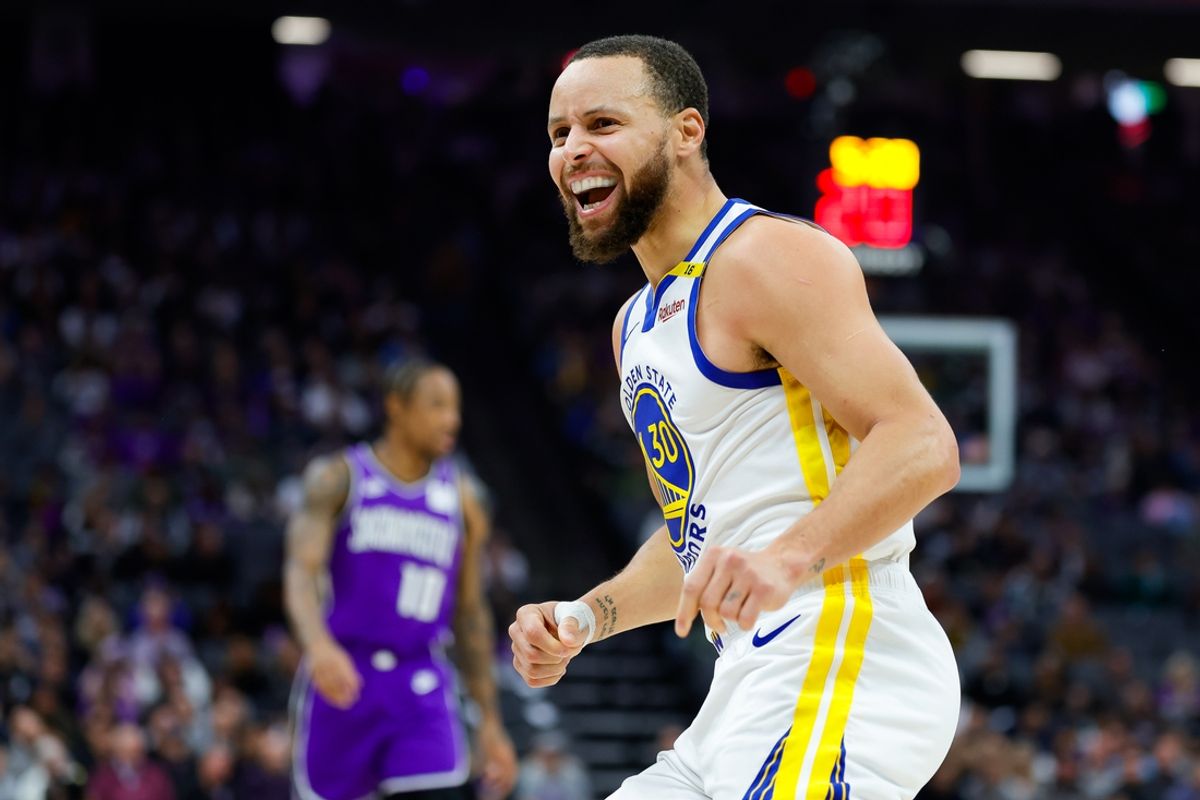 Jan 22, 2025; Sacramento, California, USA; Golden State Warriors guard Stephen Curry (30) smiles after a play during the first quarter against the Sacramento Kings at Golden 1 Center. Mandatory Credit: Sergio Estrada-Imagn Images