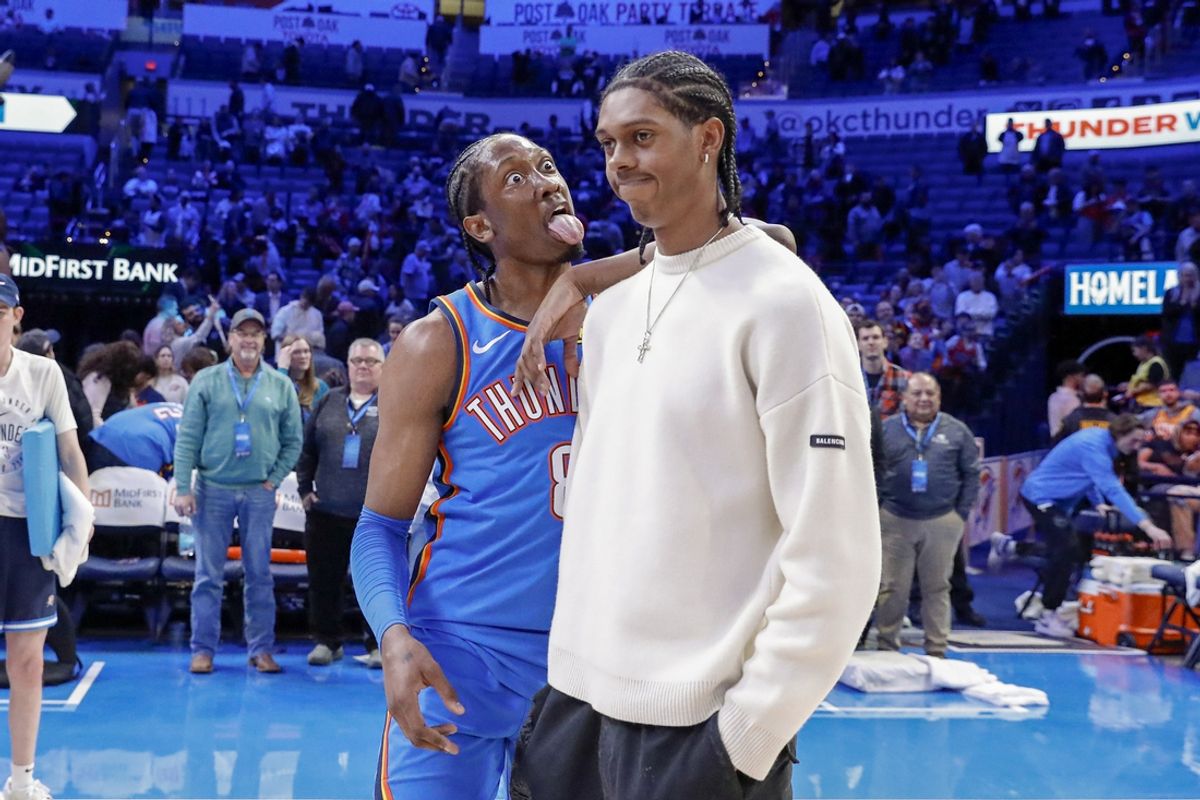 Jan 22, 2025; Oklahoma City, Oklahoma, USA; Oklahoma City Thunder forward Jalen Williams (8) reacts towards his brother Utah Jazz forward Cody Williams (5) after their game at Paycom Center. Mandatory Credit: Alonzo Adams-Imagn Images