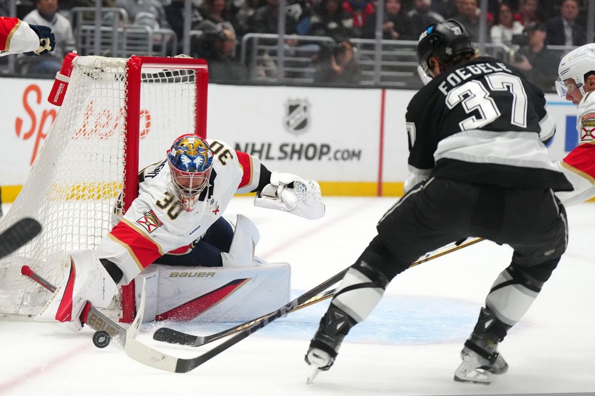 Jan 22, 2025; Los Angeles, California, USA; Florida Panthers goaltender Spencer Knight (30) makes a save against LA Kings left wing Warren Foegele (37) in the second period at Crypto.com Arena. Mandatory Credit: Kirby Lee-Imagn Images