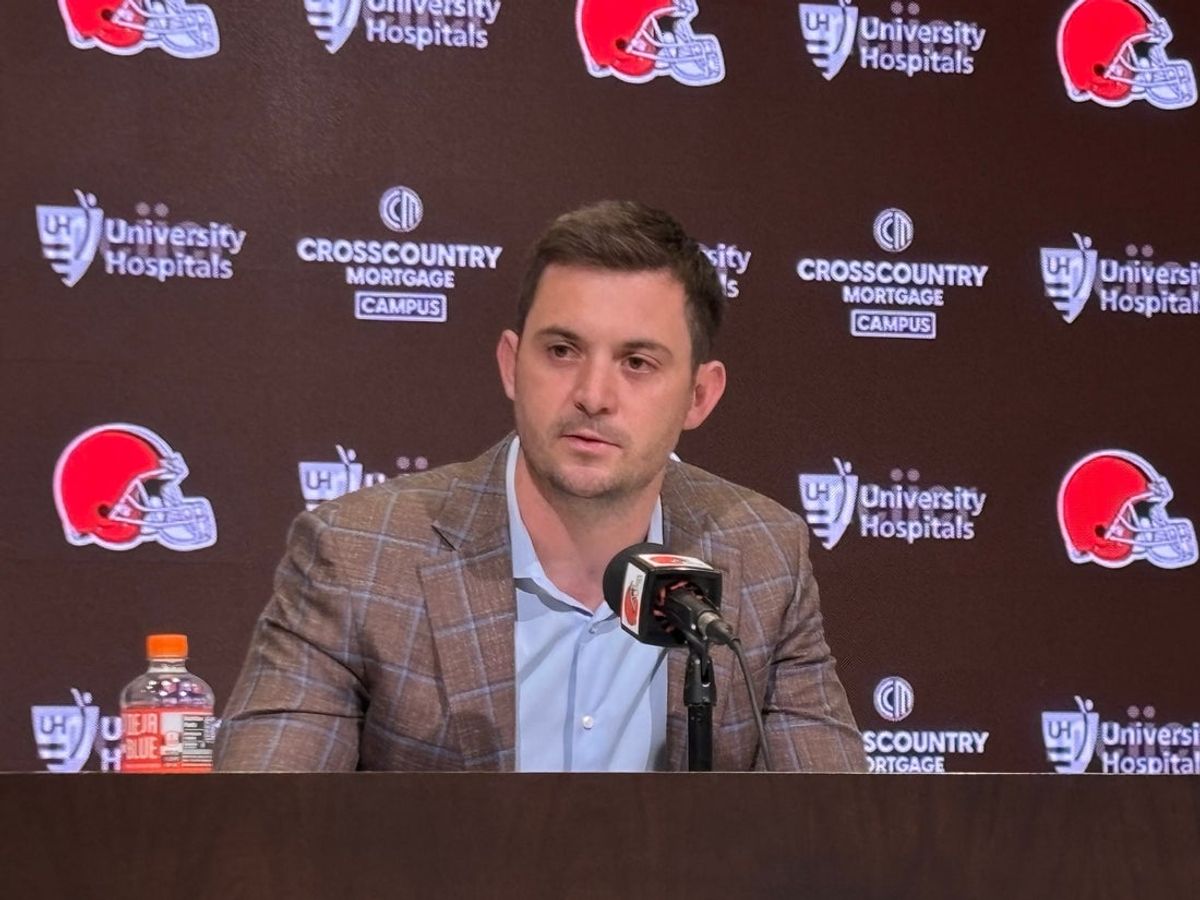 Tommy Rees speaks to reporters during his introductory news conference as Cleveland Browns offensive coordinator.