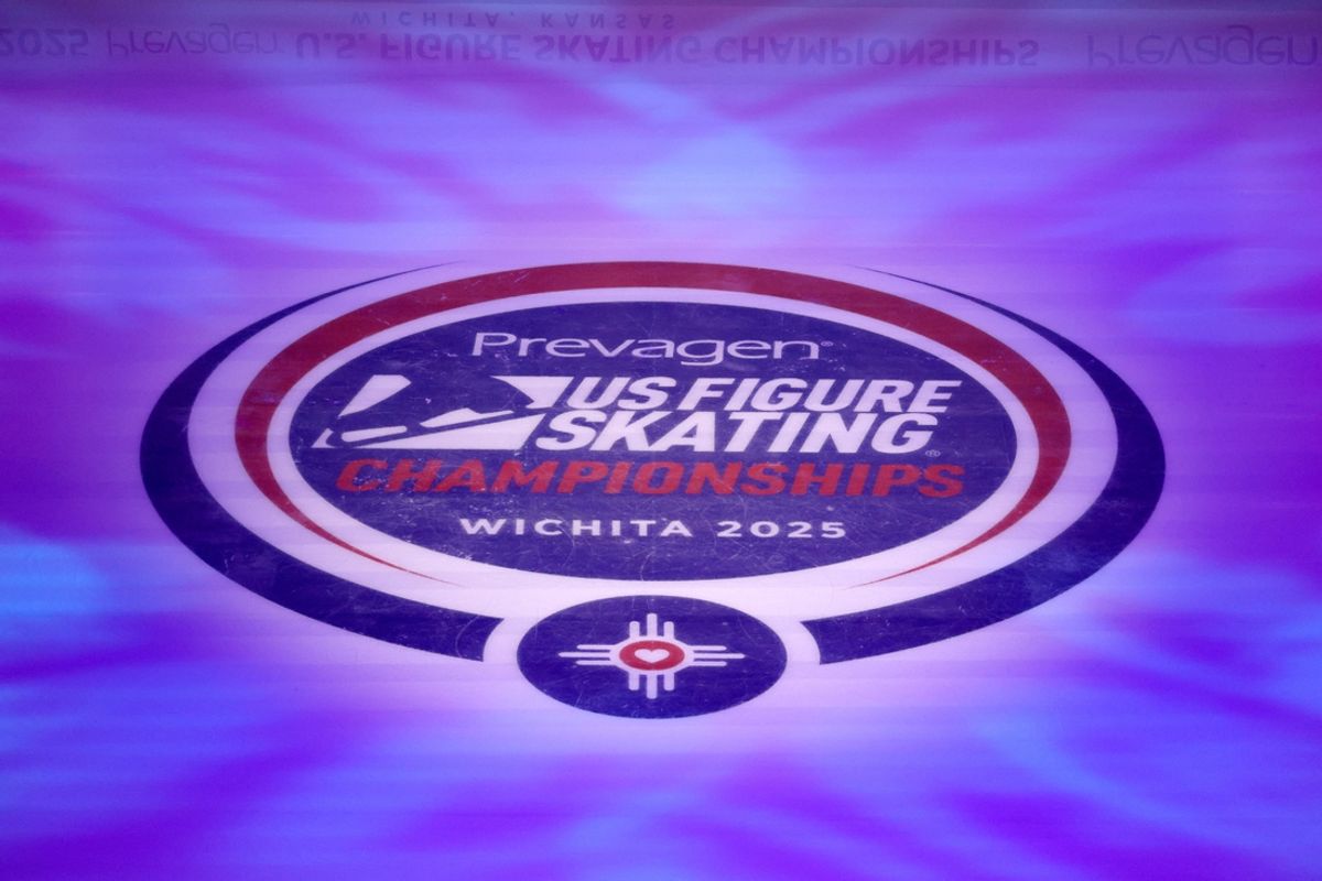 Jan 23, 2025; Wichita, Kansas, USA; General view of the logo on the ice before the 2025 U.S. Figure Skating Championship at INTRUST Bank Arena. Mandatory Credit: William Purnell-Imagn Images