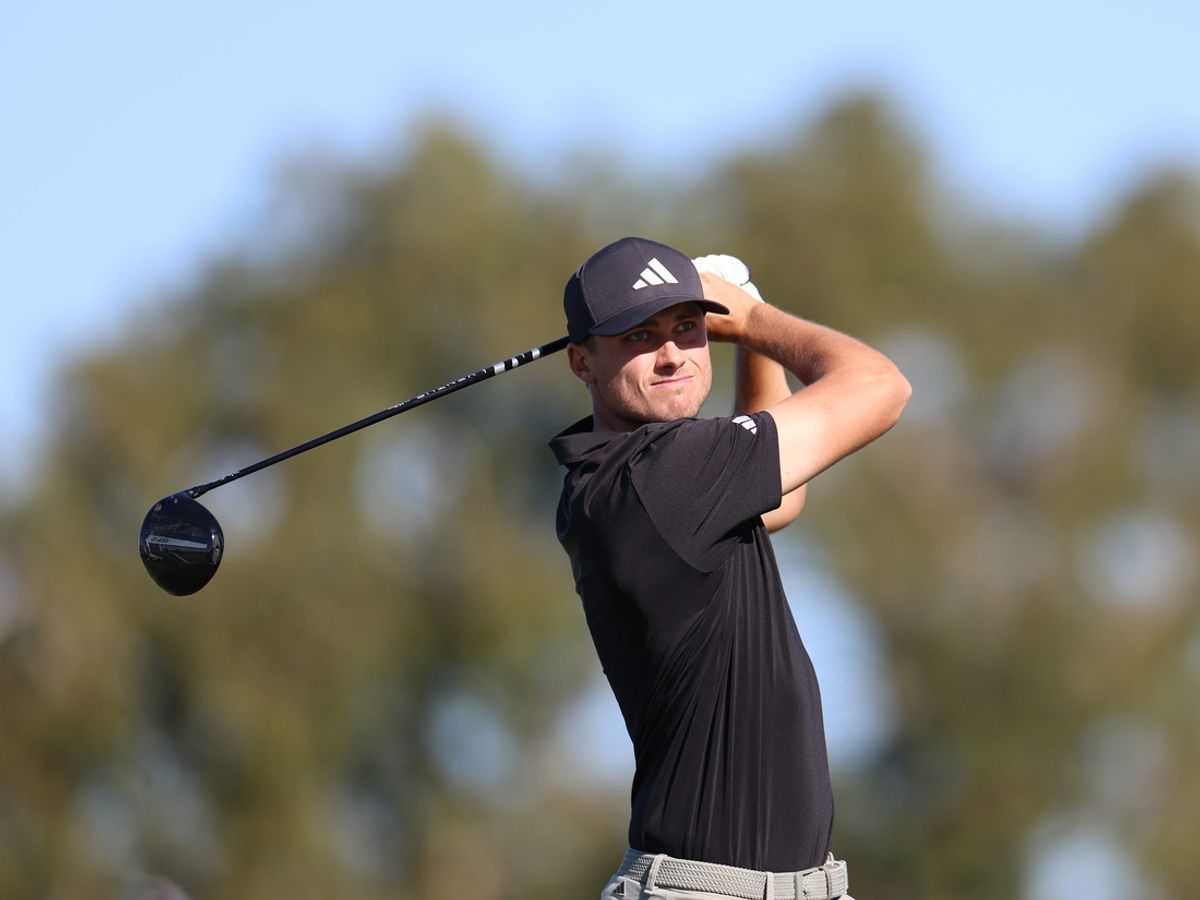 Jan 23, 2025; San Diego, California, USA; Ludvig Aberg plays his shot from the second tee during the second round of the Farmers Insurance Open golf tournament at Torrey Pines Municipal Golf Course - South Course. Mandatory Credit: Abe Arredondo-Imagn Images