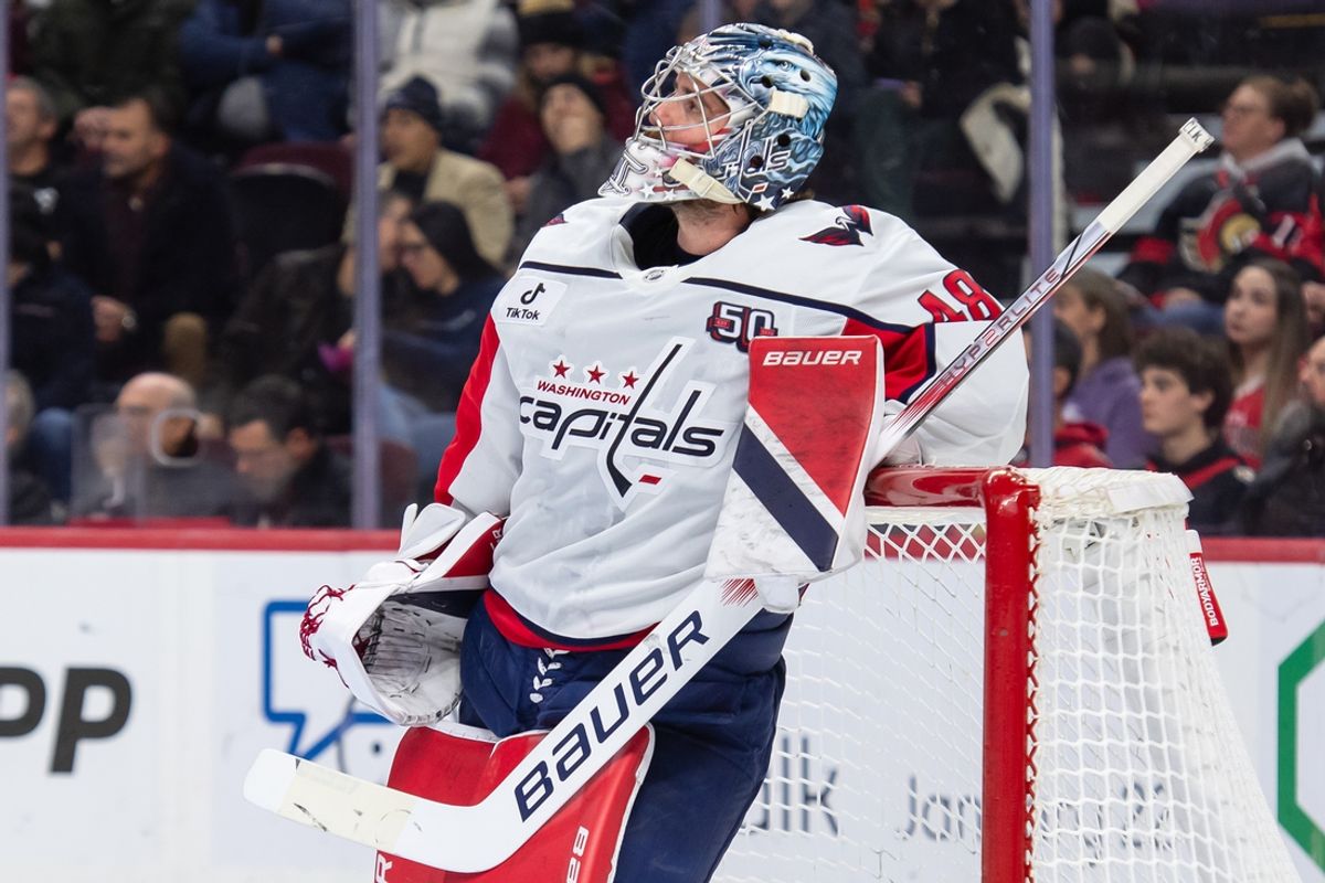 Jan 16, 2025; Ottawa, Ontario, CAN; Washington Capitals goalie Logan Thompson (48) relaxes in the first period against the Ottawa Senators at the Canadian Tire Centre. Mandatory Credit: Marc DesRosiers-Imagn Images