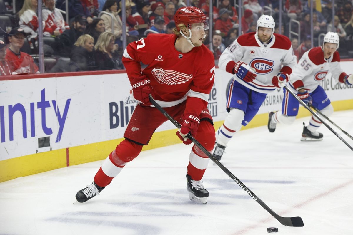 Jan 23, 2025; Detroit, Michigan, USA;  Detroit Red Wings defenseman Simon Edvinsson (77) skates with the puck in the first period against the Montreal Canadiens at Little Caesars Arena. Mandatory Credit: Rick Osentoski-Imagn Images