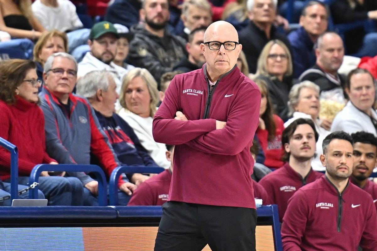 Jan 18, 2025; Spokane, Washington, USA; Santa Clara Broncos head coach Herb Sendek looks on against the Gonzaga Bulldogs in the second half at McCarthey Athletic Center. Mandatory Credit: James Snook-Imagn Images