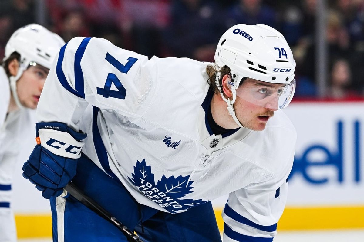 Jan 18, 2025; Montreal, Quebec, CAN; Toronto Maple Leafs center Bobby McMann (74) waits for a face-off against the Montreal Canadiens during the second period at Bell Centre. Mandatory Credit: David Kirouac-Imagn Images
