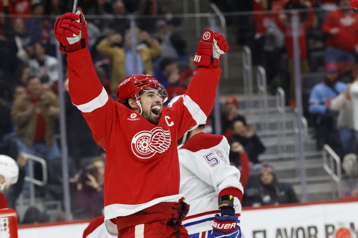 Jan 23, 2025; Detroit, Michigan, USA;  Detroit Red Wings center Dylan Larkin (71) celebrates after scoring in the second period against the Montreal Canadiens at Little Caesars Arena. Mandatory Credit: Rick Osentoski-Imagn Images