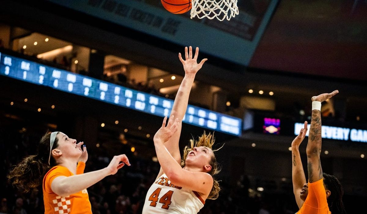 Texas Longhorns forward Taylor Jones (44) puts the ball up over Tennessee Lady Vols defense in the first half as the Texas Longhorns take on the Tennessee Lady Vols in the Moody Center, Jan. 23, 2025.