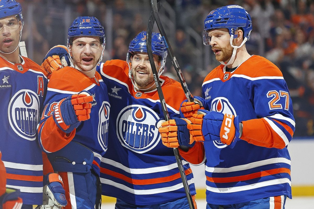 Jan 23, 2025; Edmonton, Alberta, CAN; The Edmonton Oilers celebrate a goal scored by forward Zach Hyman (18) during the first period against the Vancouver Canucks at Rogers Place. Mandatory Credit: Perry Nelson-Imagn Images